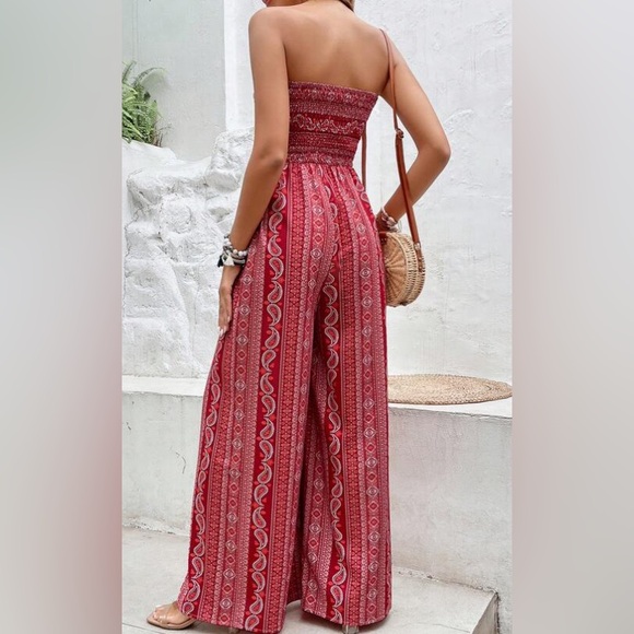 Boho paisley gypsy print slit leg jumpsuit strapless red - Picture 2 of 3